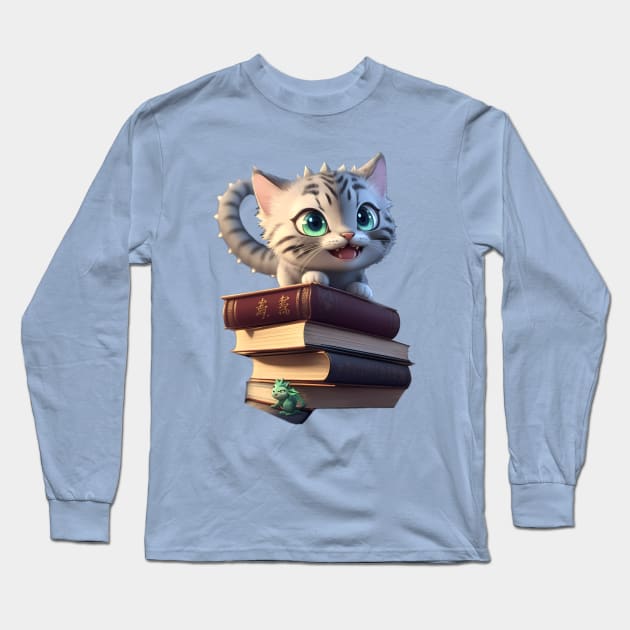 Tabby Dragon Cat with his Books Long Sleeve T-Shirt by BrisaArtPrints